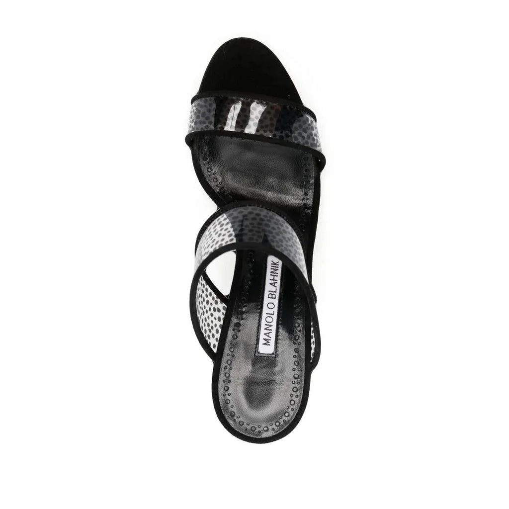 Manolo Blahnik Jadaron Polka-Dot Silk Heeled Sandals - Black/White