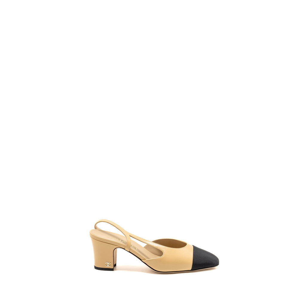 CHANEL SLINGBACKS SHOES GOATSKIN/GROSGRAIN BLACK/BEIGE
