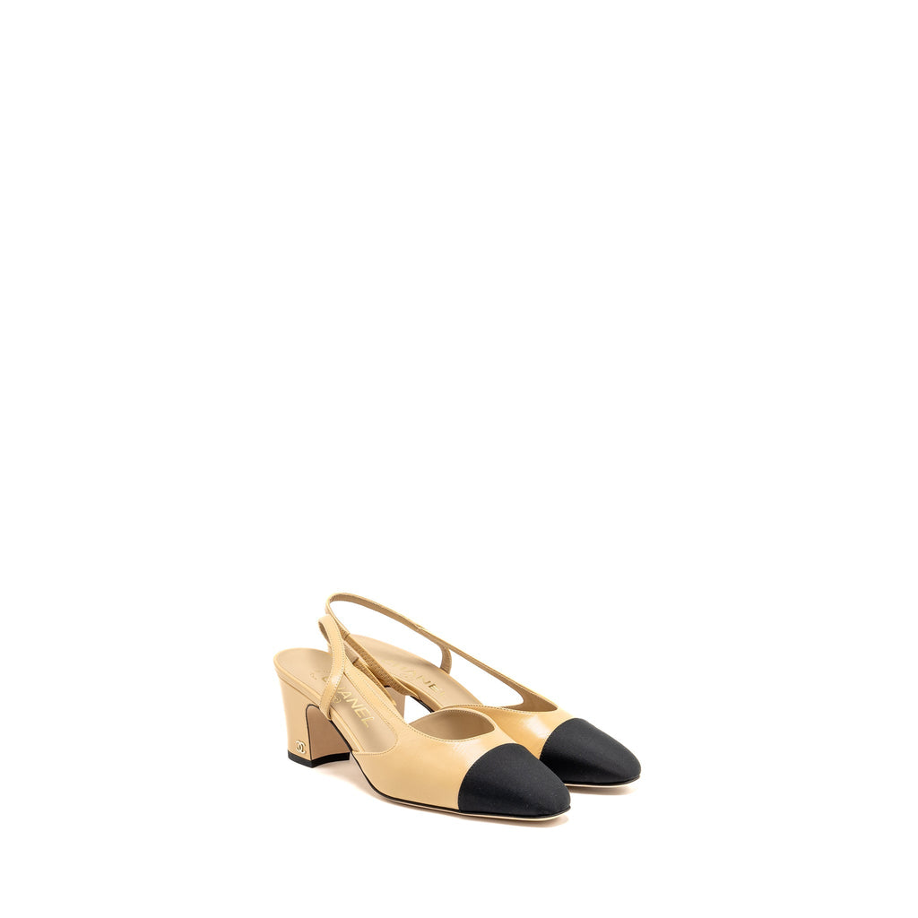 CHANEL SLINGBACKS SHOES GOATSKIN/GROSGRAIN BLACK/BEIGE