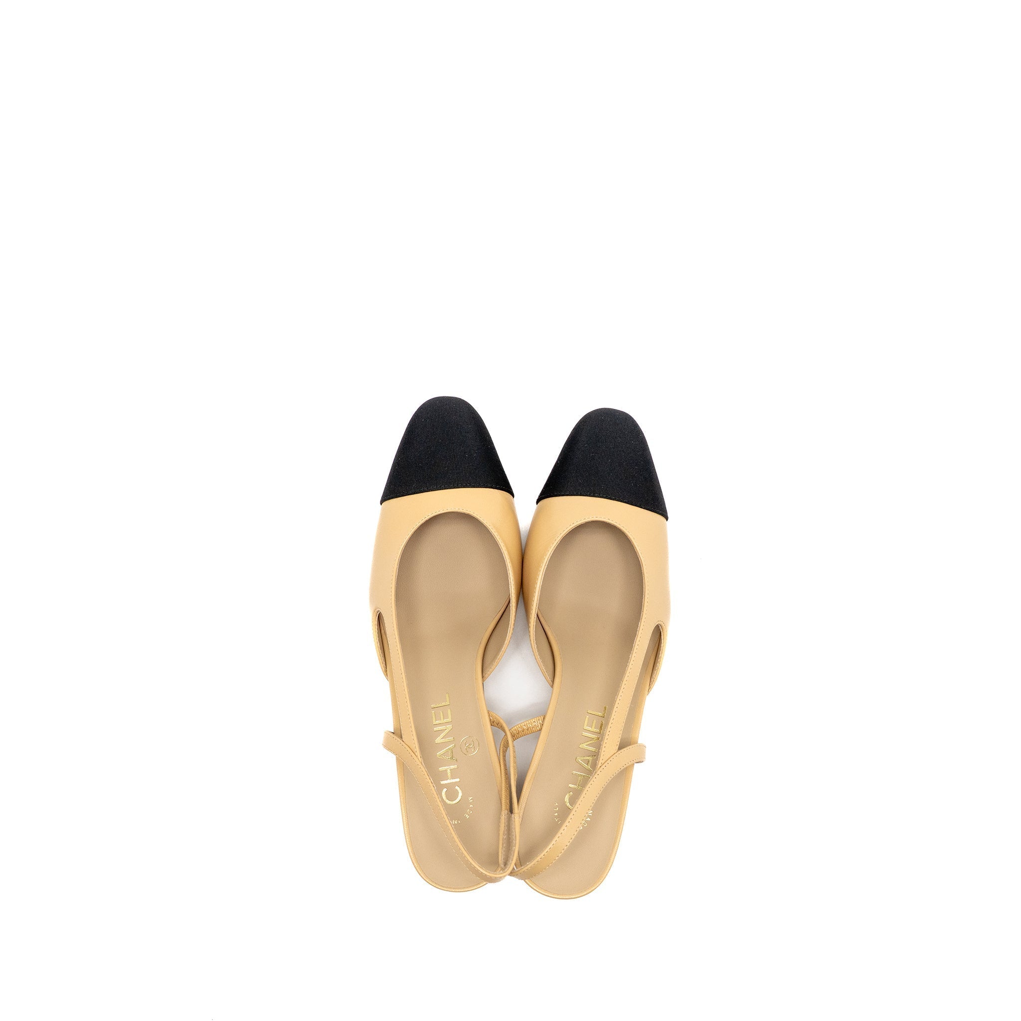 CHANEL SLINGBACKS SHOES GOATSKIN/GROSGRAIN BLACK/BEIGE