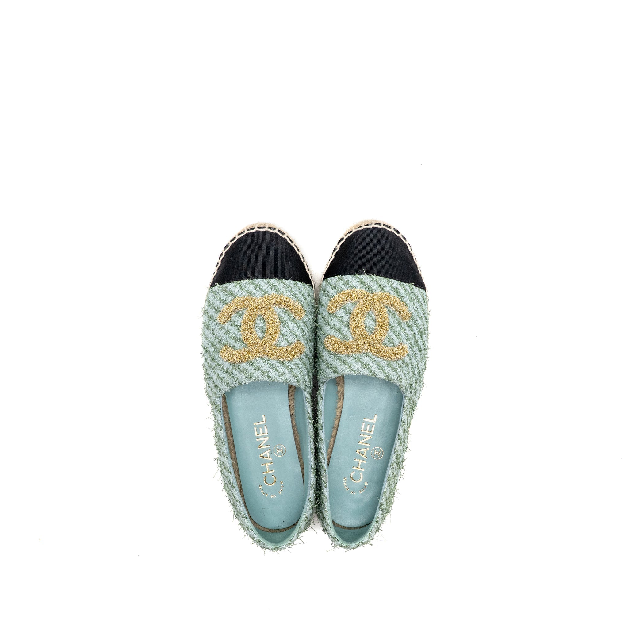 CHANEL 23S ESPADRILLES TWEED/GROSGRAIN LIGHT BLUE/GREEN/BLACK