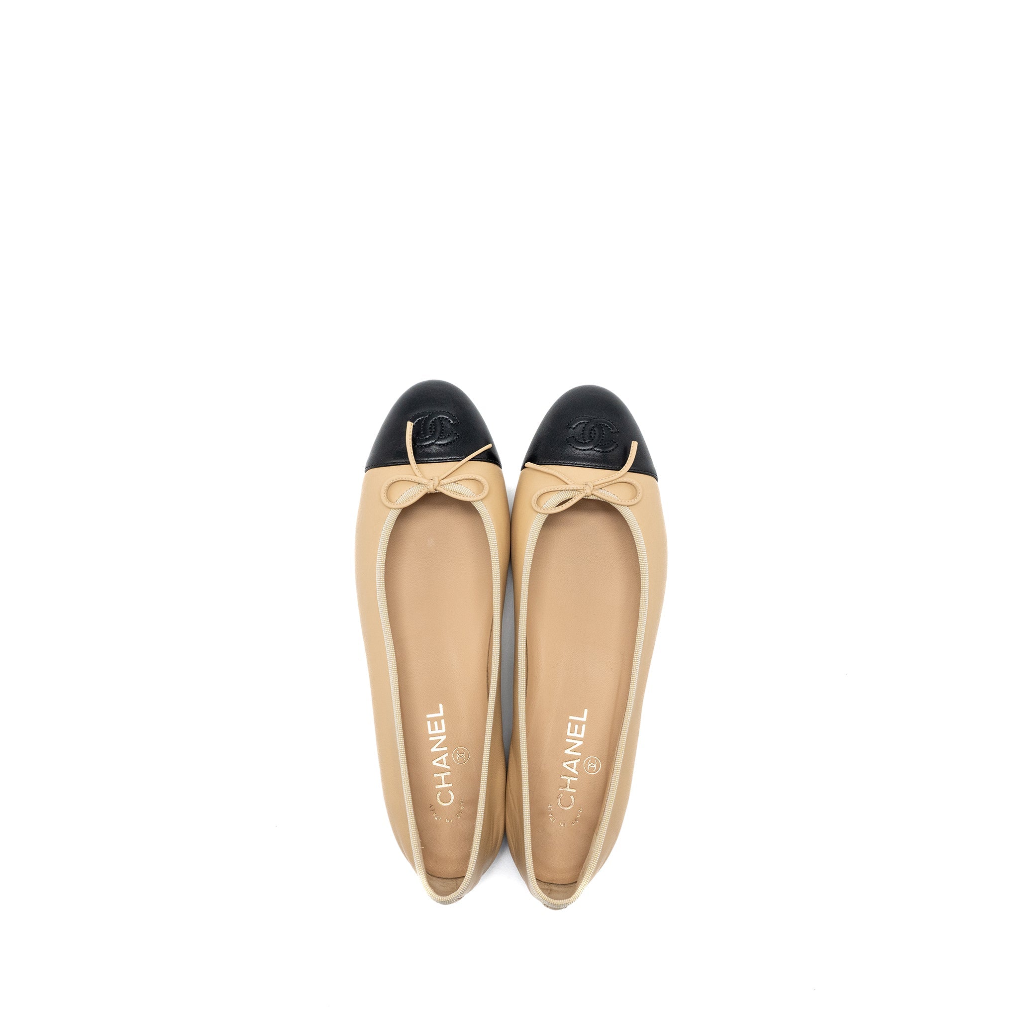 CHANEL BALLERINA FLAT SHOES LAMBSKIN BEIGE/BLACK
