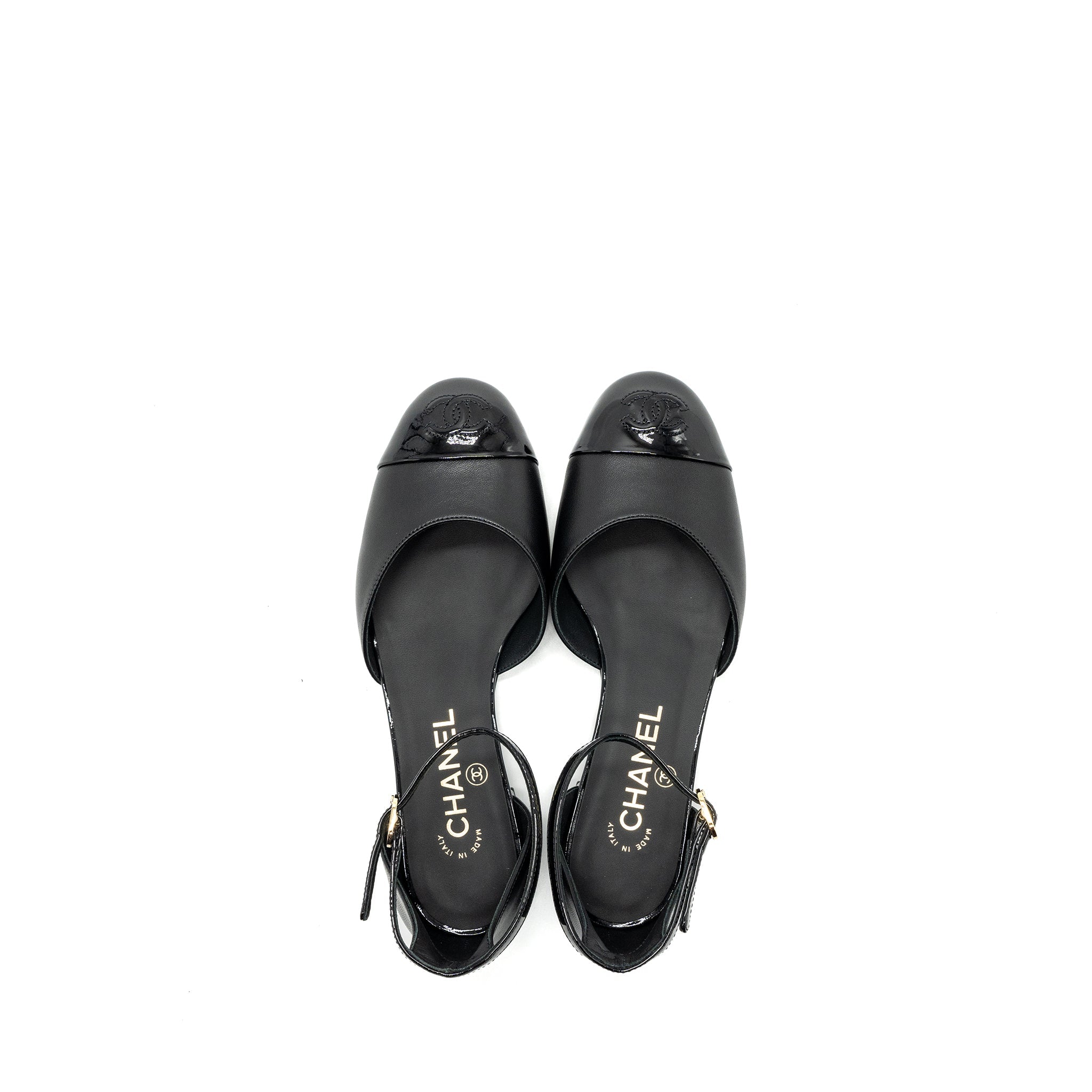 CHANEL FLAT SHOES LAMBSKIN/PATENT BLACK GHW