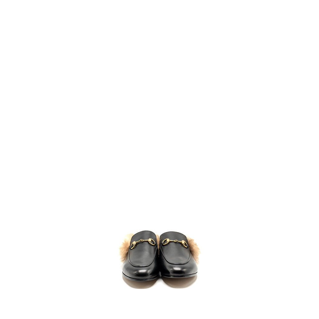 GUCCI HORSEBIT PRINCETOWN FUR SLIPPER LEATHER BLACK GHW