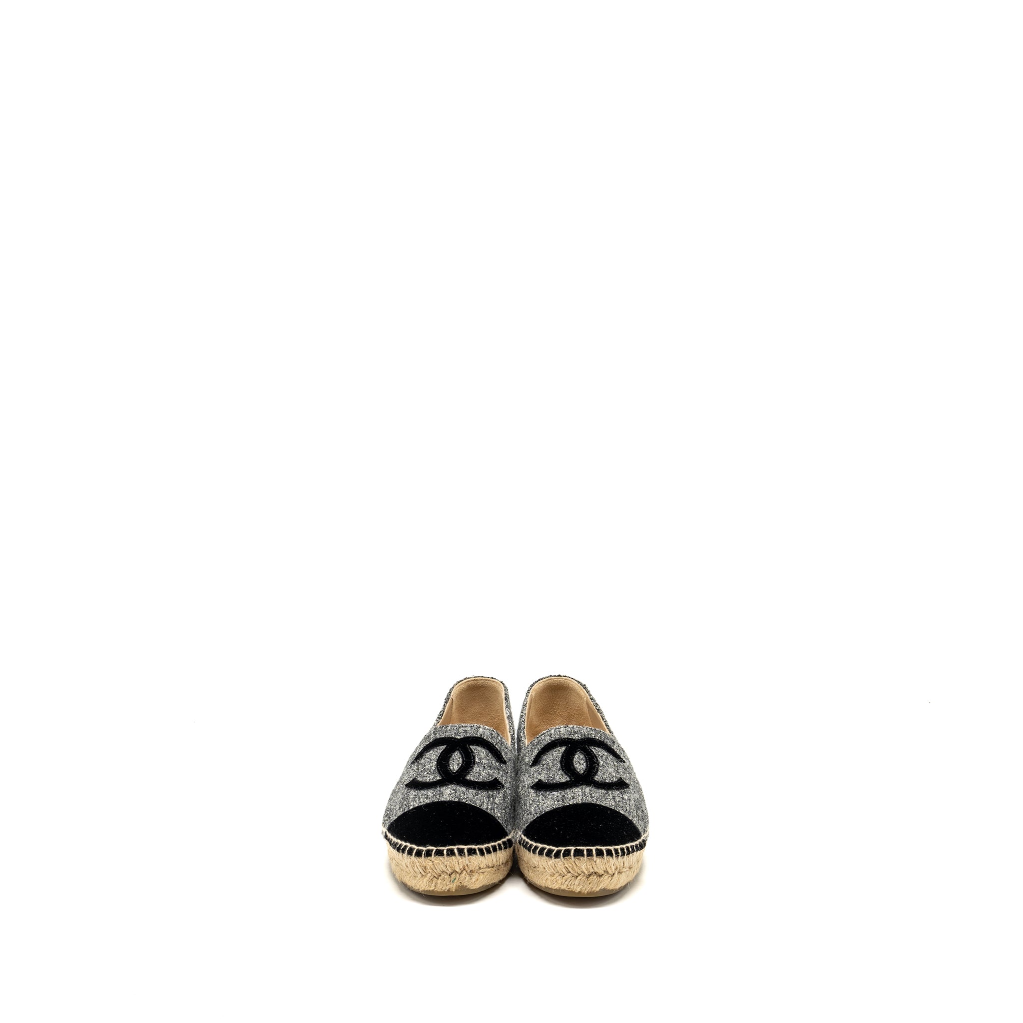 CHANEL 16A CC LOGO ESPADRILLES TWEED/VELVET GREY/BLACK