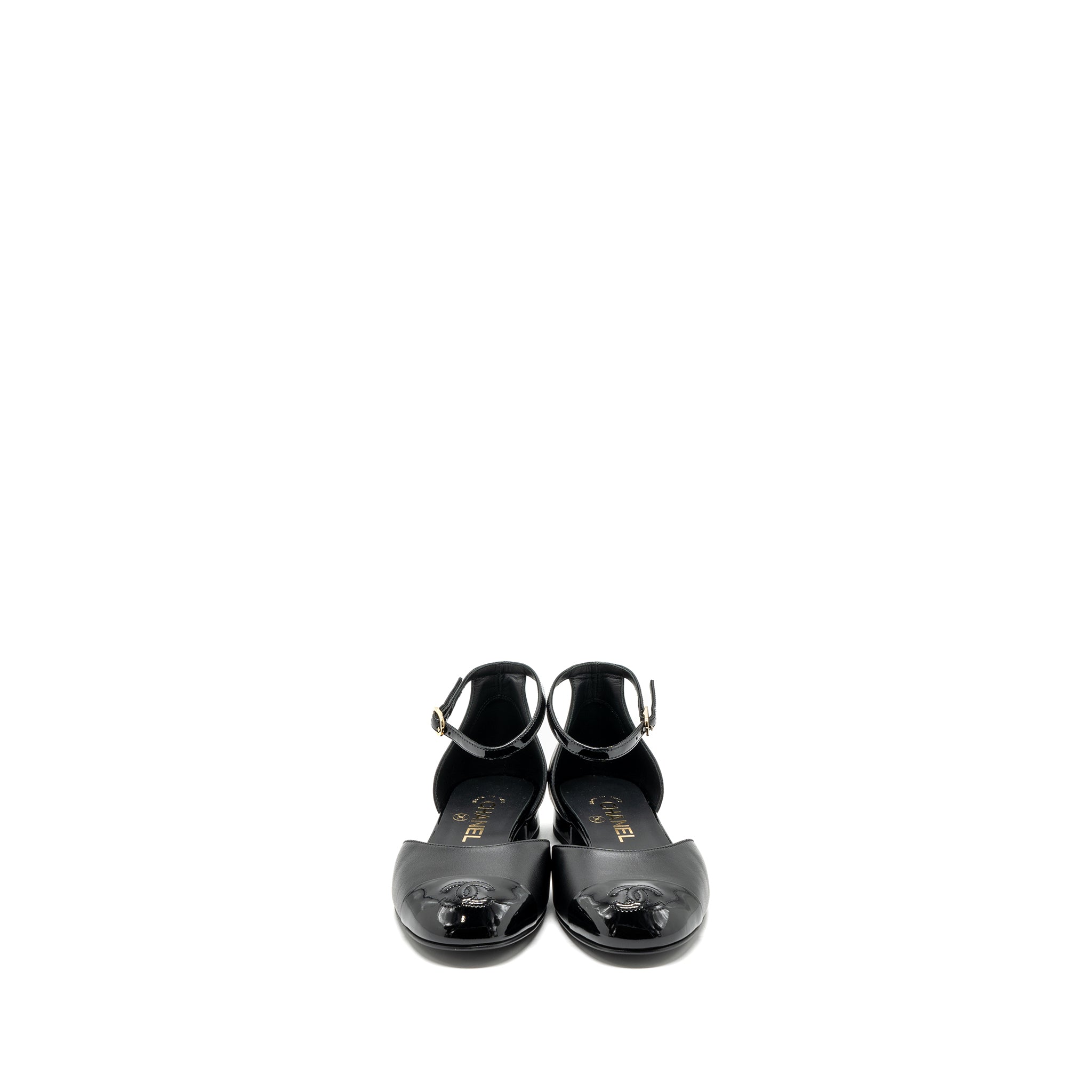 CHANEL FLAT SHOES LAMBSKIN/PATENT BLACK GHW