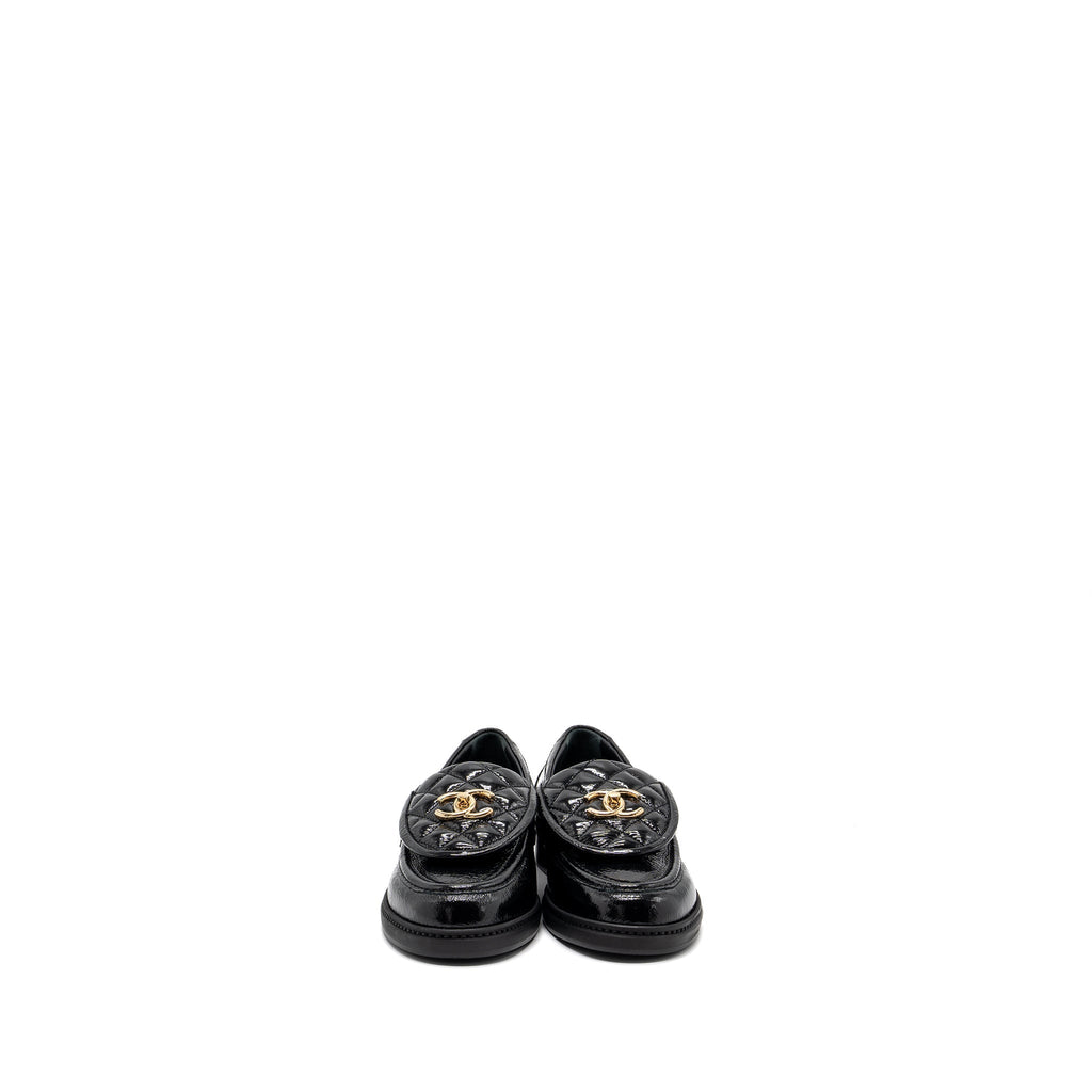 CHANEL QUILTED CC LOGO LOAFER PATENT LAMBSKIN BLACK LGHW