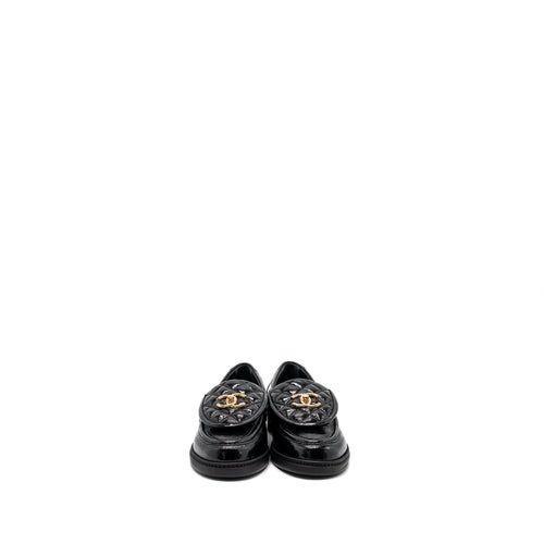 CHANEL QUILTED CC LOGO LOAFER PATENT LAMBSKIN BLACK LGHW