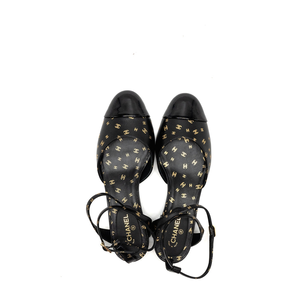 CHANEL CC LOGO PRINT SLINGBACKS LAMBSKIN/PATENT CALFSKIN BLACK/GOLD GHW