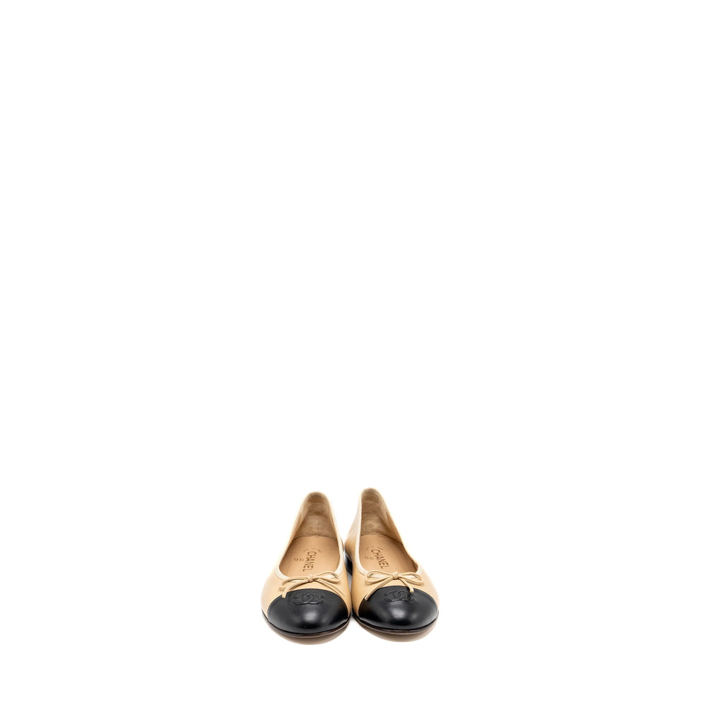 CHANEL BALLERINA FLAT SHOES LAMBSKIN BEIGE/BLACK