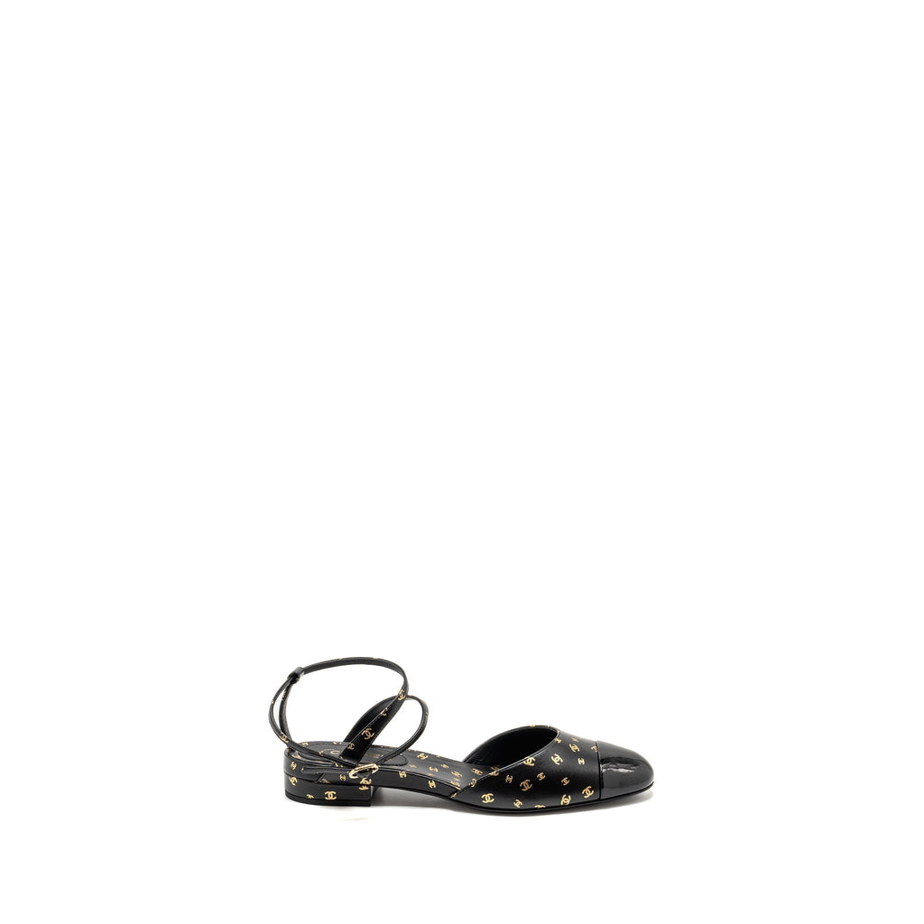 CHANEL CC LOGO PRINT SLINGBACKS LAMBSKIN/PATENT CALFSKIN BLACK/GOLD GHW