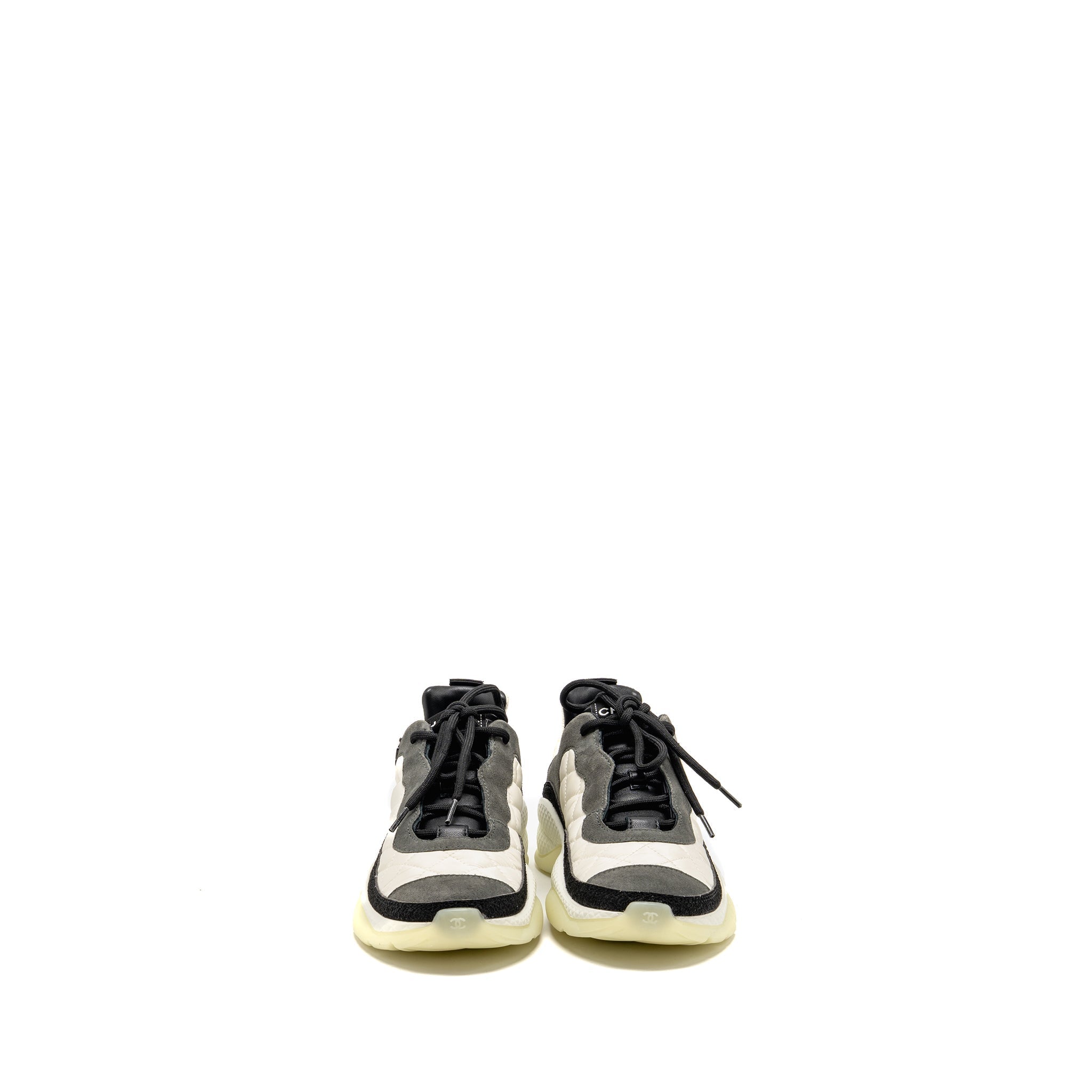 CHANEL CC AND LETTER LOGO SNEAKERS SUEDE/FABRIC BLACK/WHITE