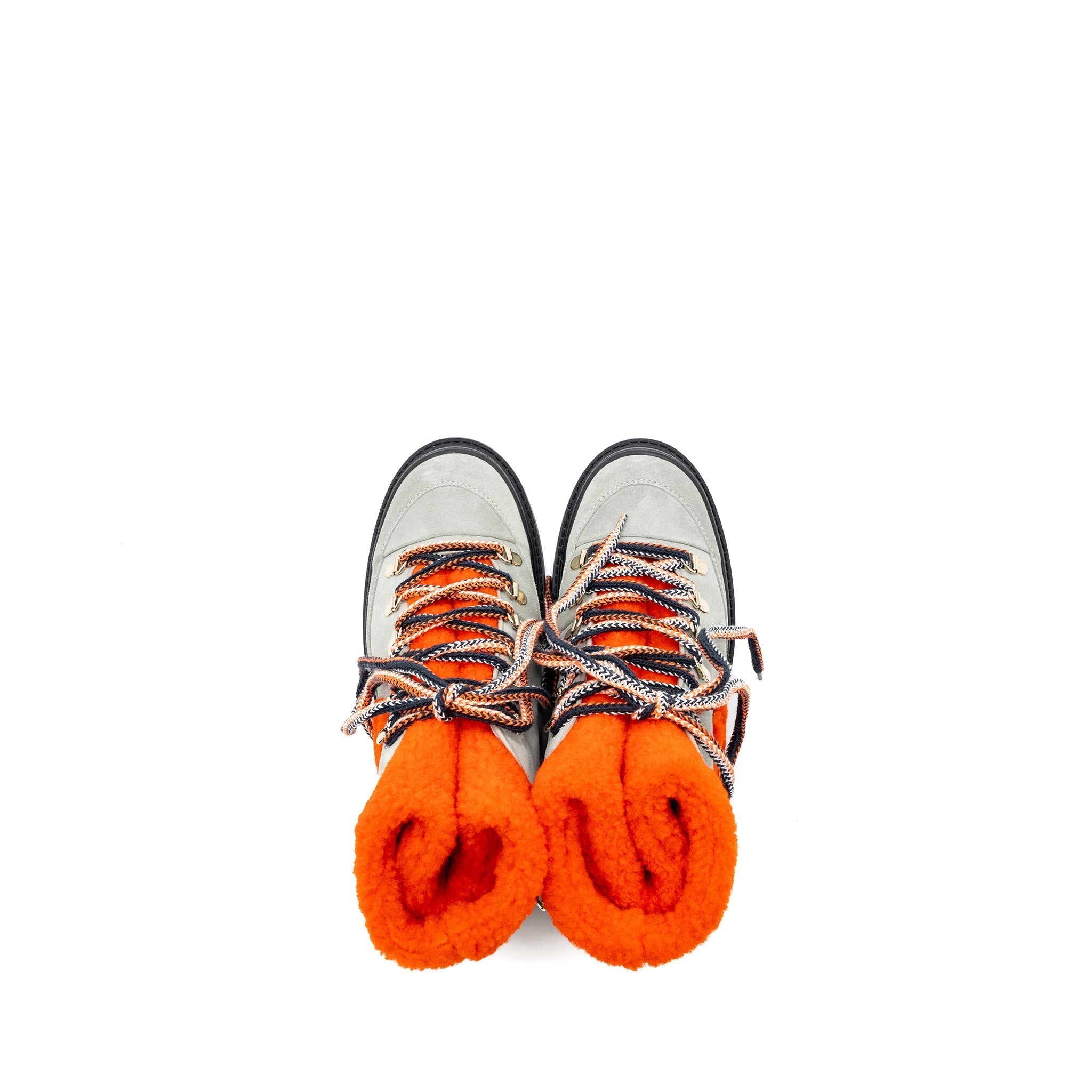 CHANEL LACE UP BOOTS SUEDE LEATHER / SHEARLING GREY / ORANGE