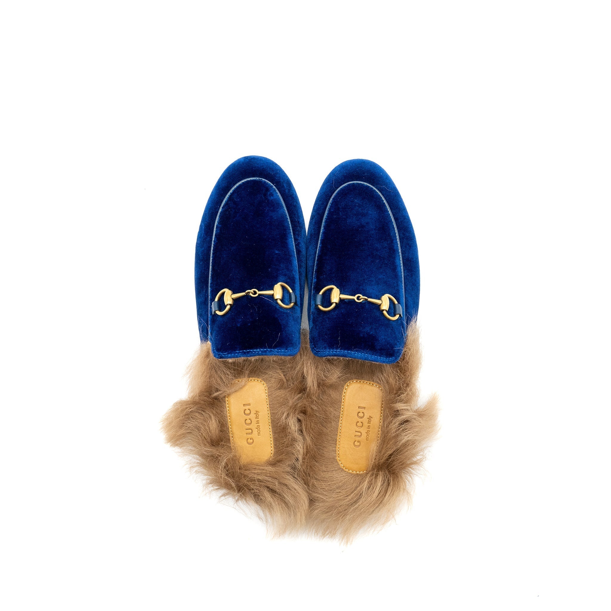 GUCCI HORSEBIT PRINCETOWN FUR SLIPPER VELVET BLUE GHW