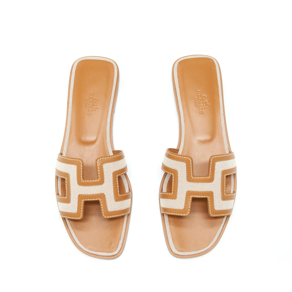 HERMES ORAN SANDALS TOILE H PLUM NOISETTE/BEIGE