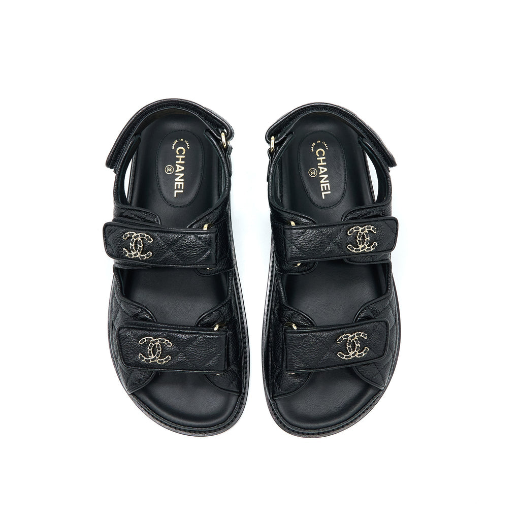 CHANEL DAD SANDALS LEATHER BLACK LIGHT GOLD TONE