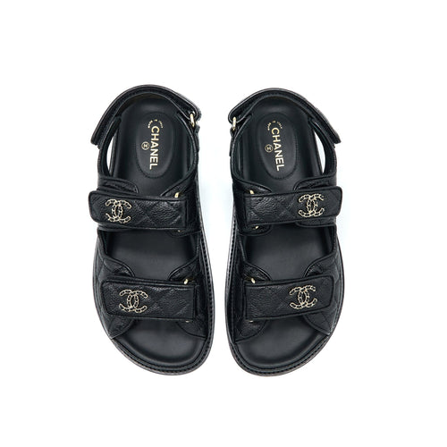 CHANEL DAD SANDALS LEATHER BLACK LIGHT GOLD TONE