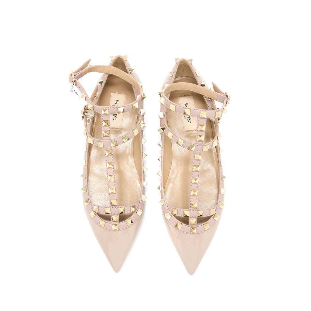 VALENTINO GARAVANI ROCKSTUD BALLET FLAT CAGED PATENT LIGHT PINK LGHW