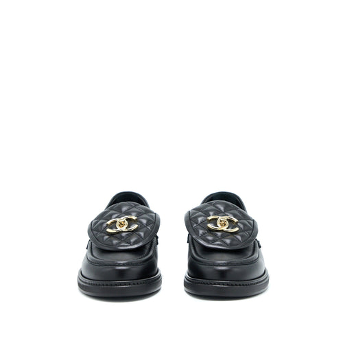 CHANEL CC TURNLOCK LOAFERS BLACK QUILTED LEATHER LGHW