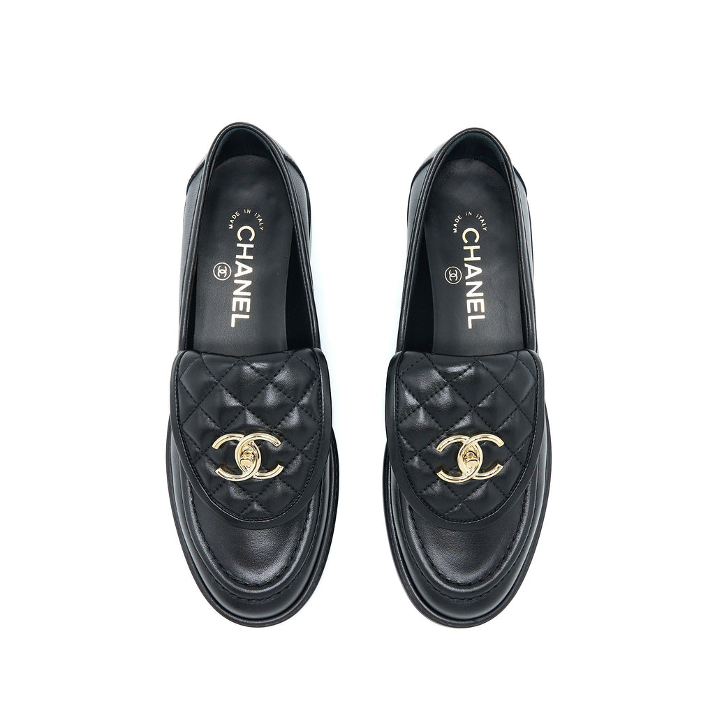 CHANEL CC TURNLOCK LOAFERS BLACK QUILTED LEATHER LGHW