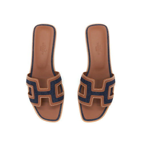 HERMES ORAN SANDALS DENIM CANVAS / CALFSKIN BLUE BRUT