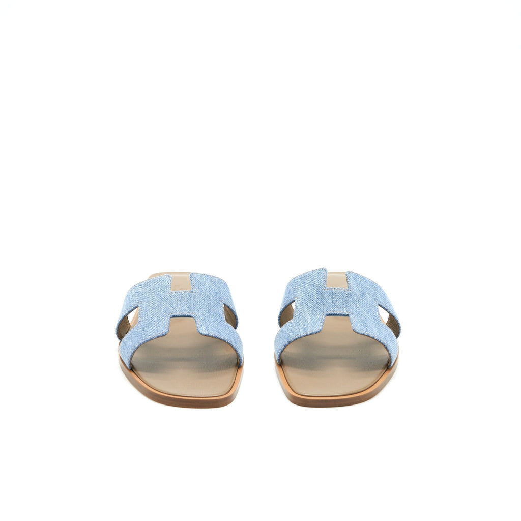 HERMES ORAN SANDALS DENIM CANVAS BLUE CLAIR