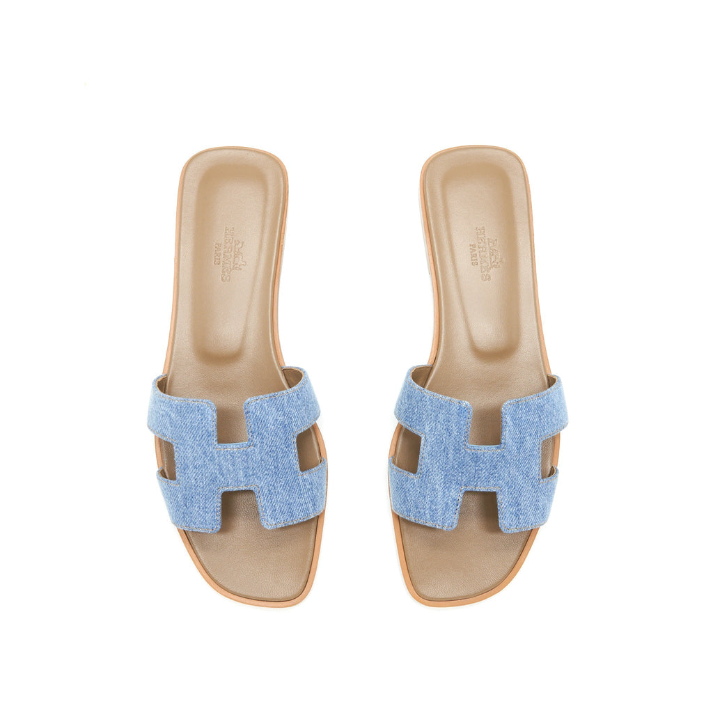 HERMES ORAN SANDALS DENIM CANVAS BLUE CLAIR