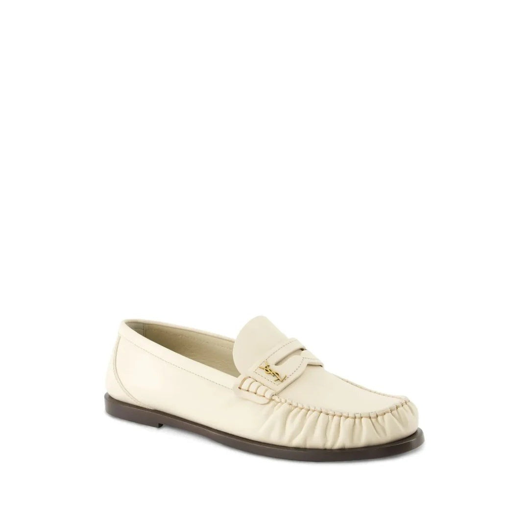 Saint Laurent Logo-Plaque Gathered Loafers - Cream/Ivory