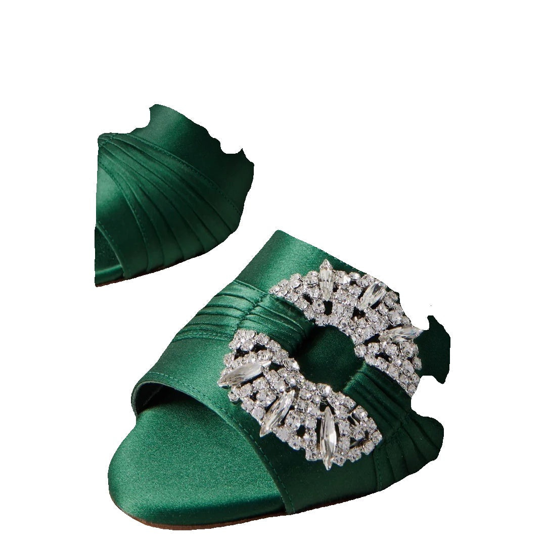 Manolo Blahnik Crystal-Embellished Satin Mules - Green