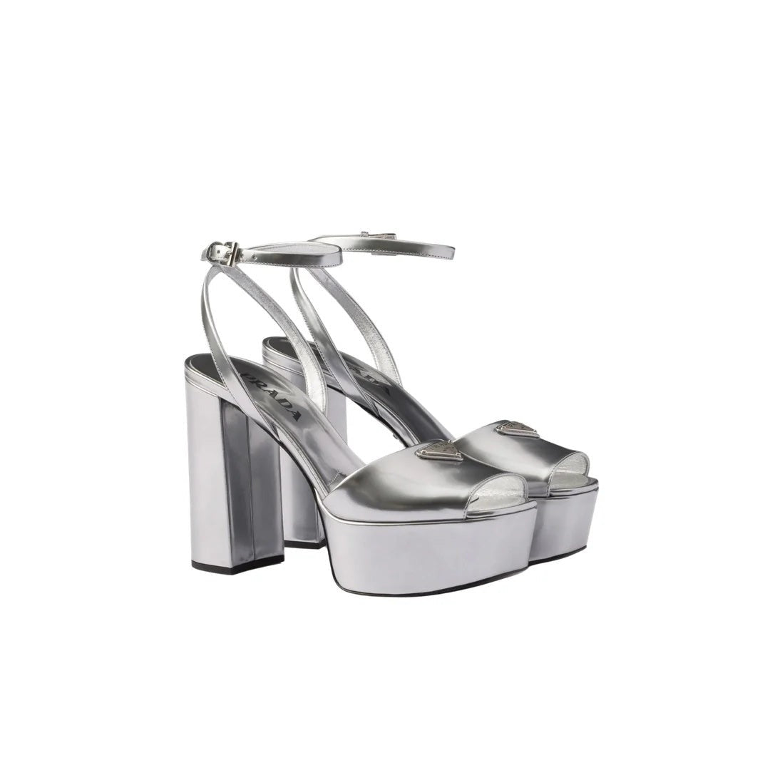 Prada Leather Metallic Sandals - Silver platform heels