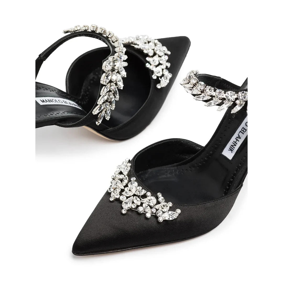 MANOLO BLAHNIK LURUM EMBELLISHED SATIN MULES BLACK