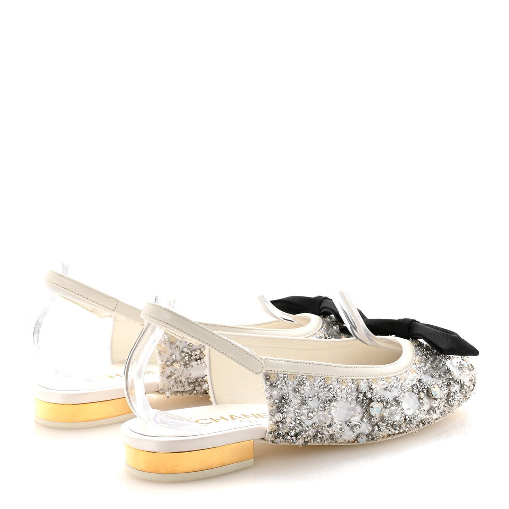 CHANEL SATIN CRYSTAL LAMBSKIN GROSGRAIN BOW CC SLINGBACK FLATS WHITE BLACK