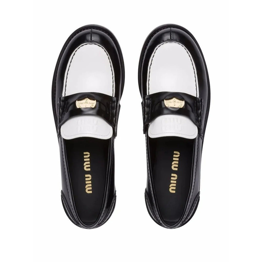 Miu Miu Cognac Woven Leather Penny Loafers - Black and White