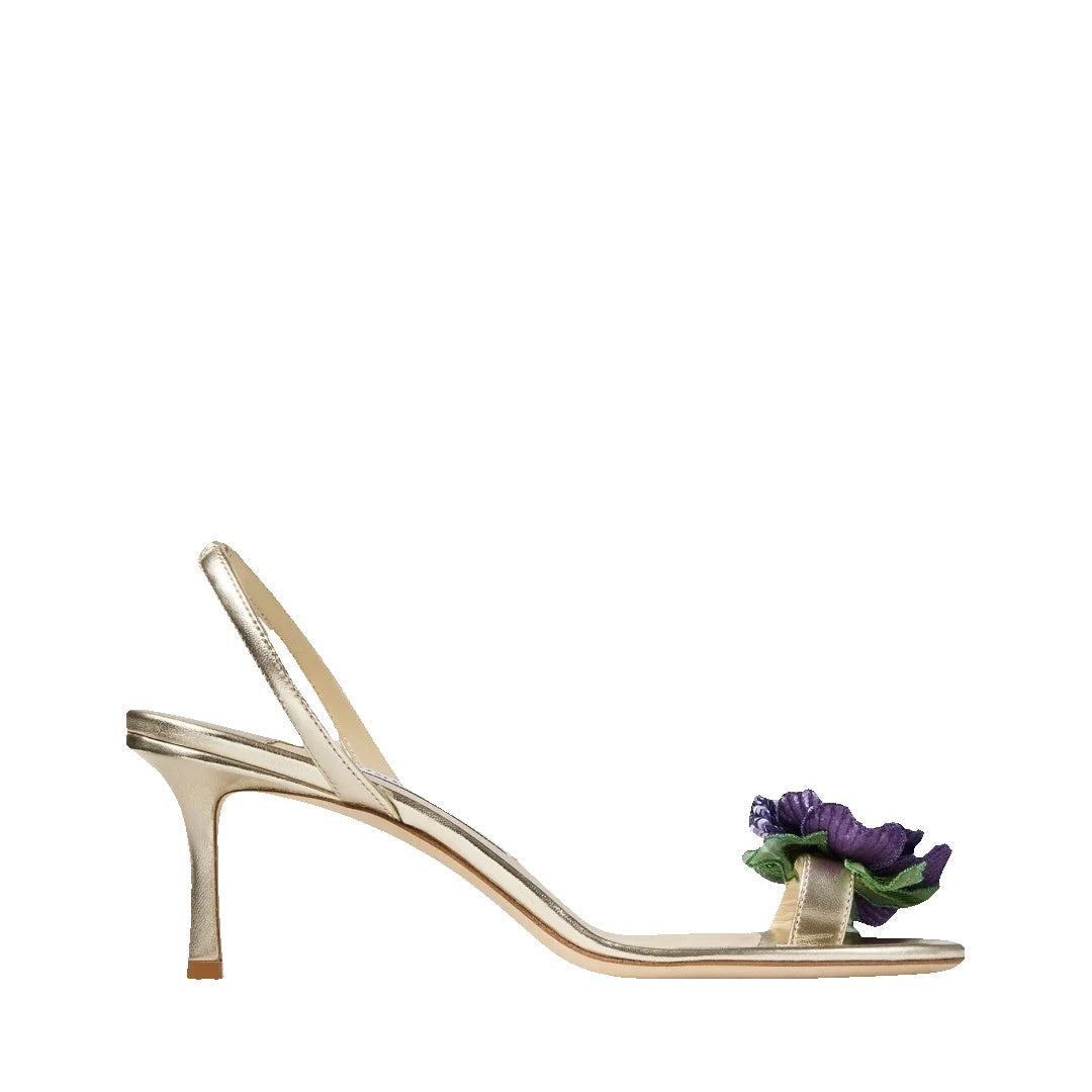 Jimmy Choo 70mm Freja Flower Leather Sandals - Gold with Purple Flower