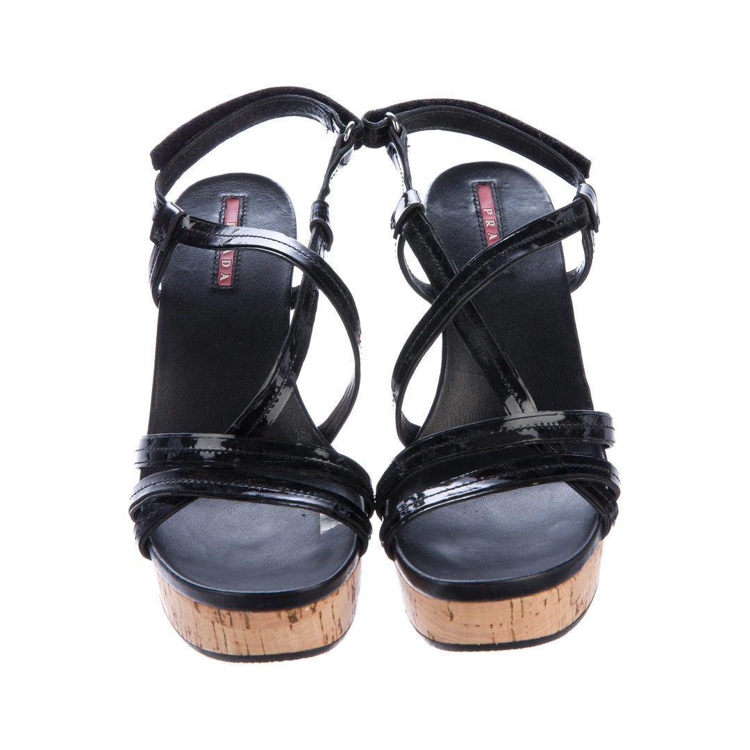PRADA PATENT LEATHER WEDGE SANDALS BLACK