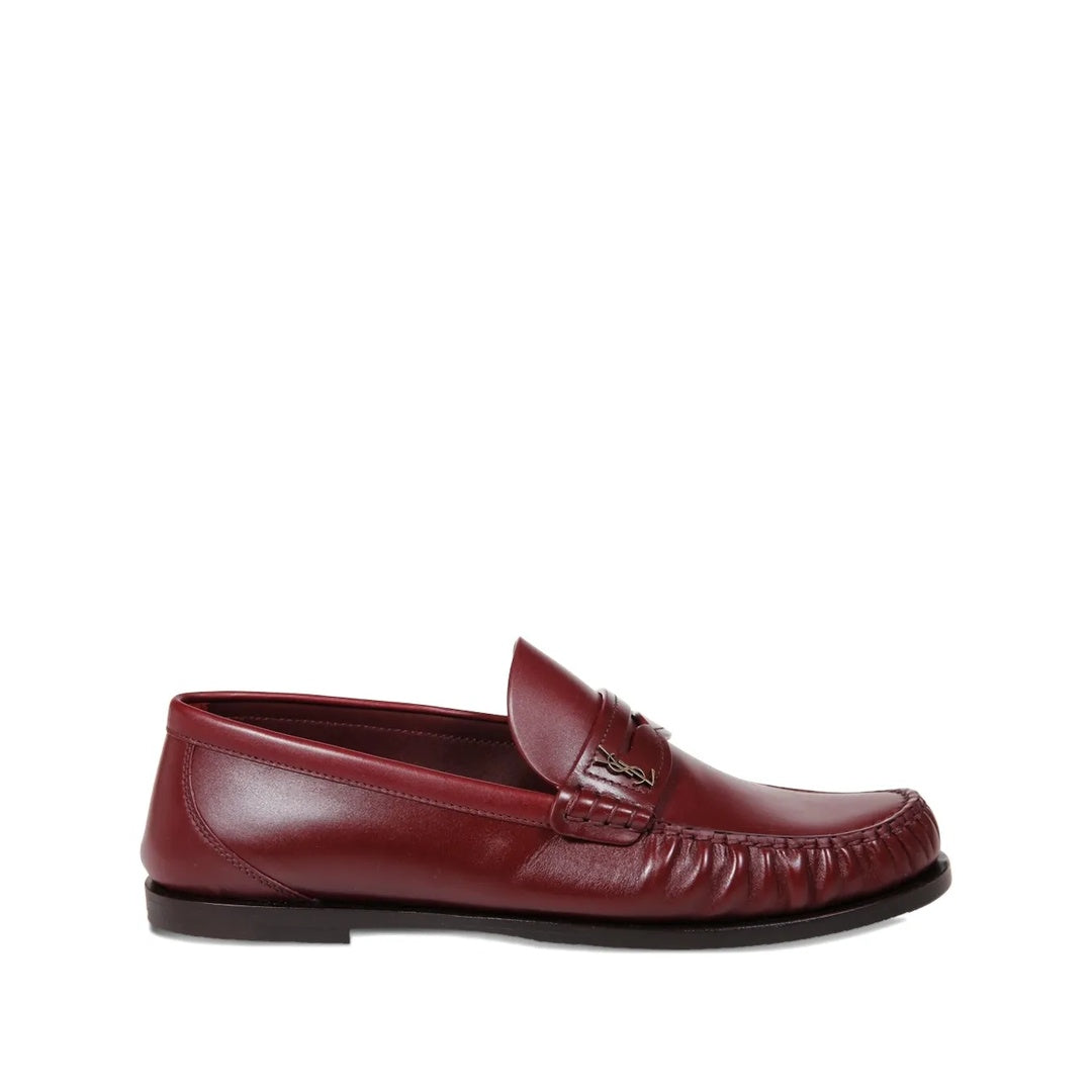 SAINT LAURENT LOGO-PLAQUE LEATHER LOAFERS BURGUNDY