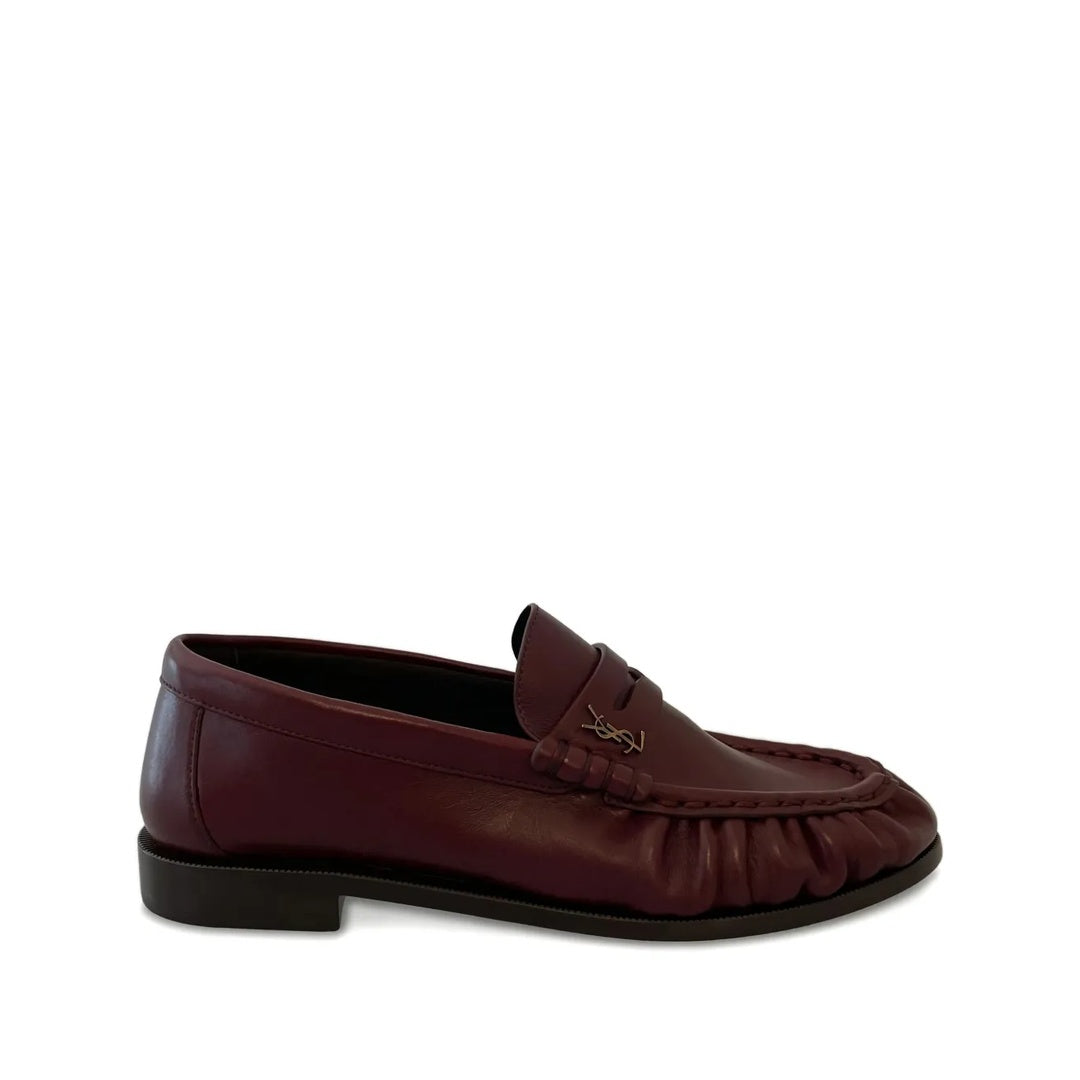 SAINT LAURENT LOGO-PLAQUE GATHERED LOAFERS BURGUNDY