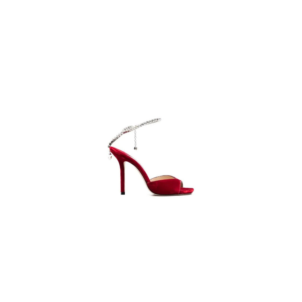 JIMMY CHOO CRYSTAL-EMBELLISHED SATIN SANDALS RED