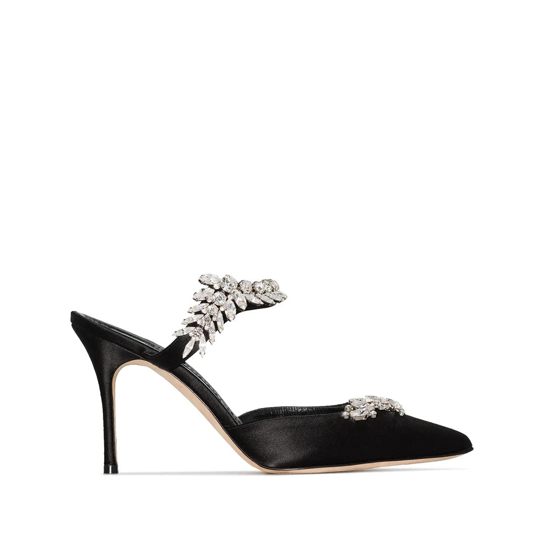 MANOLO BLAHNIK LURUM CRYSTAL-EMBELLISHED SATIN MULES GREEN