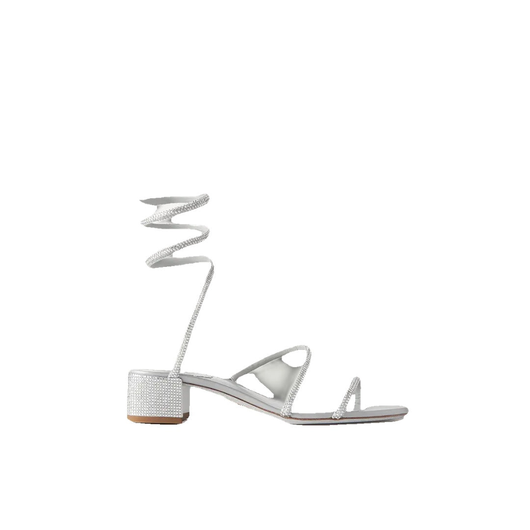 RENÉ CAOVILLA CLEO CRYSTAL-EMBELLISHED SATIN SANDAL SILVER
