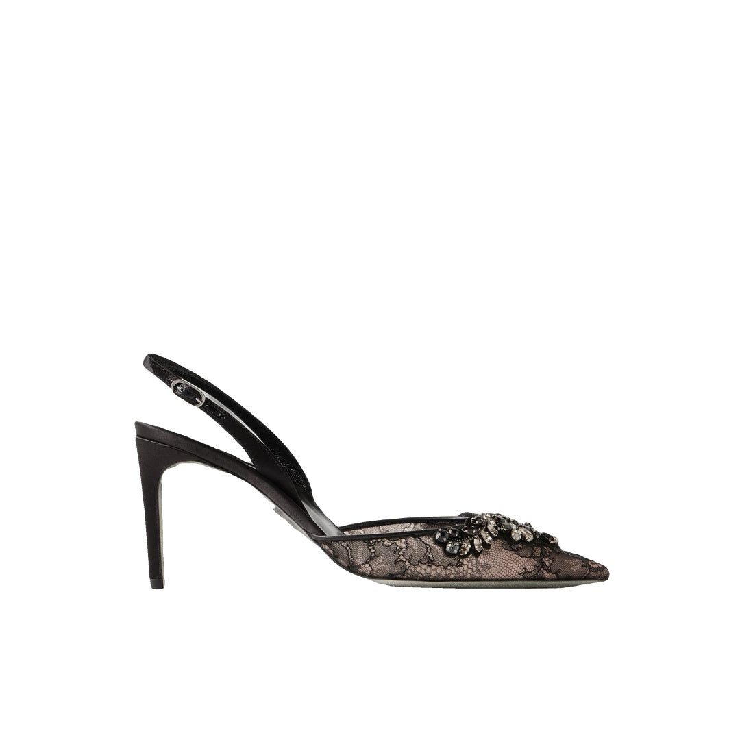 RENÉ CAOVILLA CRYSTAL-EMBELLISHED LACE SATIN SLINGBACK PUMP BLACK